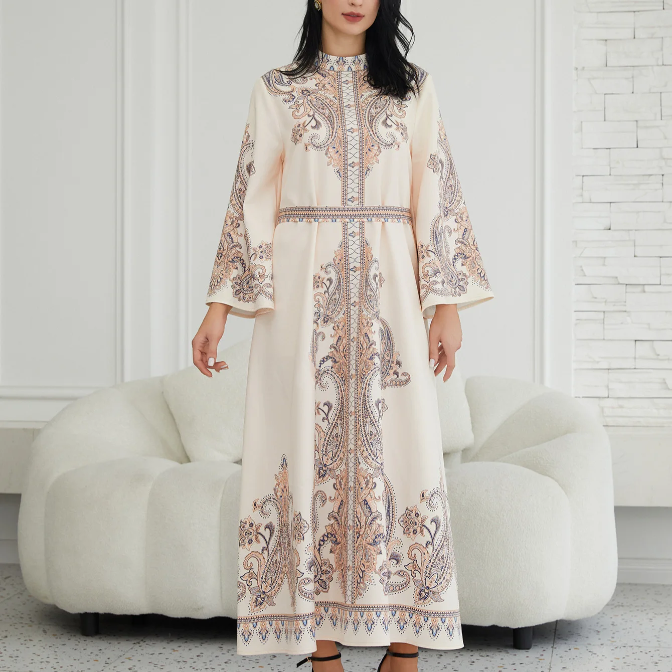 

Sw2101 New Traditional Dresses-style Stand Collar Printed Long Dress Long Dress Robe Abaya Ramadan Dubai Luxury Islam Elegant