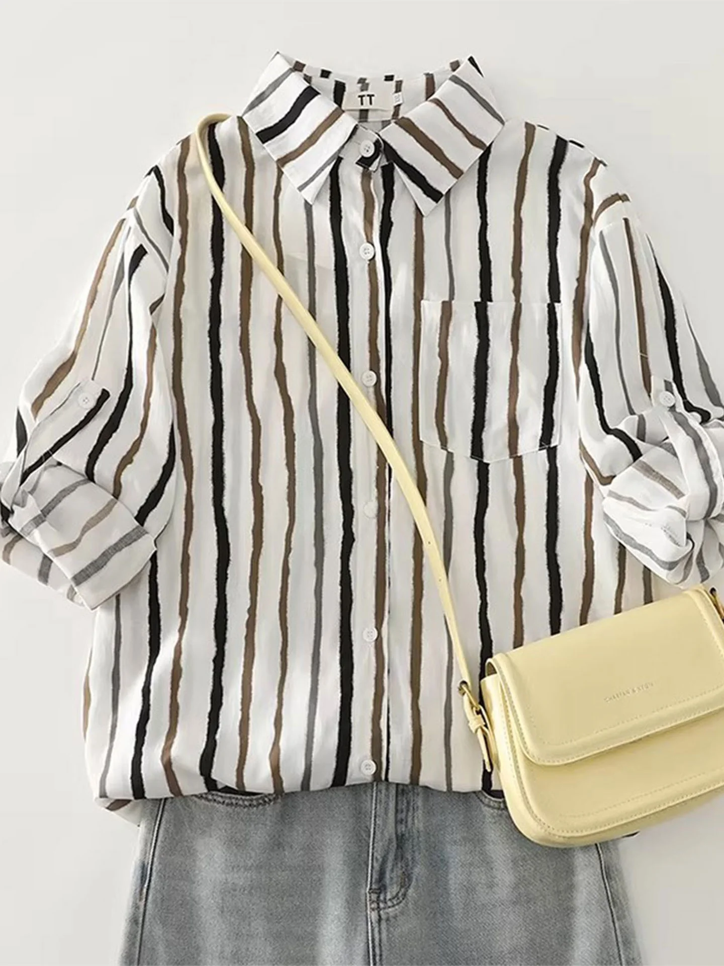 

Модная полосатая свободная женская рубашка с длинным рукавом, весна 2026, повседневный стиль, большие размеры, трендовый топ для молодых девушек