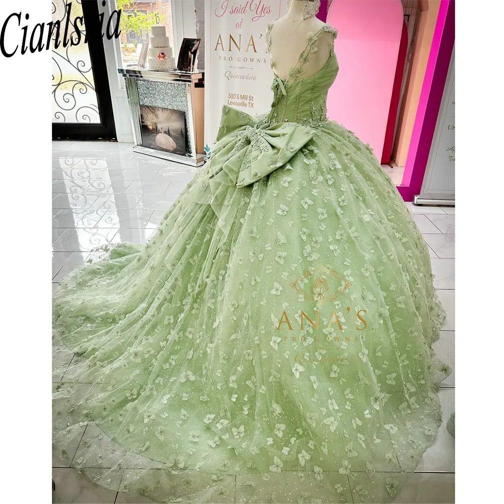 

Sage Green 3D Butterfly Ball Gown Quinceanera Dresses Spaghetti Straps Pearls Beading Corset Sweet 16 Vestido De 15 Anos