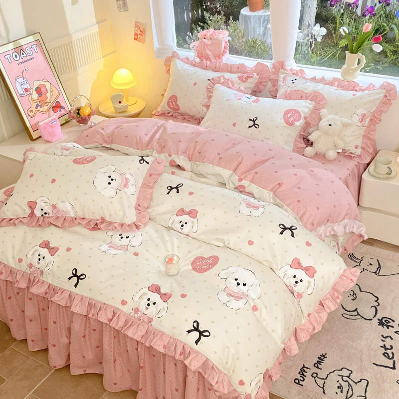 Pink Cartoon Dog Bedding Set Princess Ruffle Lace Duvet Cover Bed Skirt Sheet Pillowcase Cute Girls Children Flowers Bed Linen