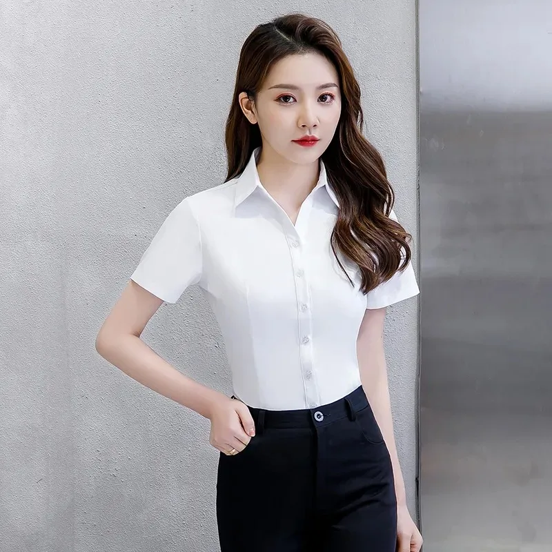 

Women's Formal Short Sleeve Button Down Shirt Office Work Wear Slim Fit Business Blouse