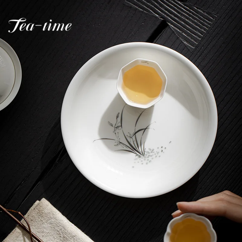 Simple Pure Hand Painted Tea Trays Orchid Round Pot Bearing Cremic White Porcelain Household Soaking Chinese Tea Pastry Plate