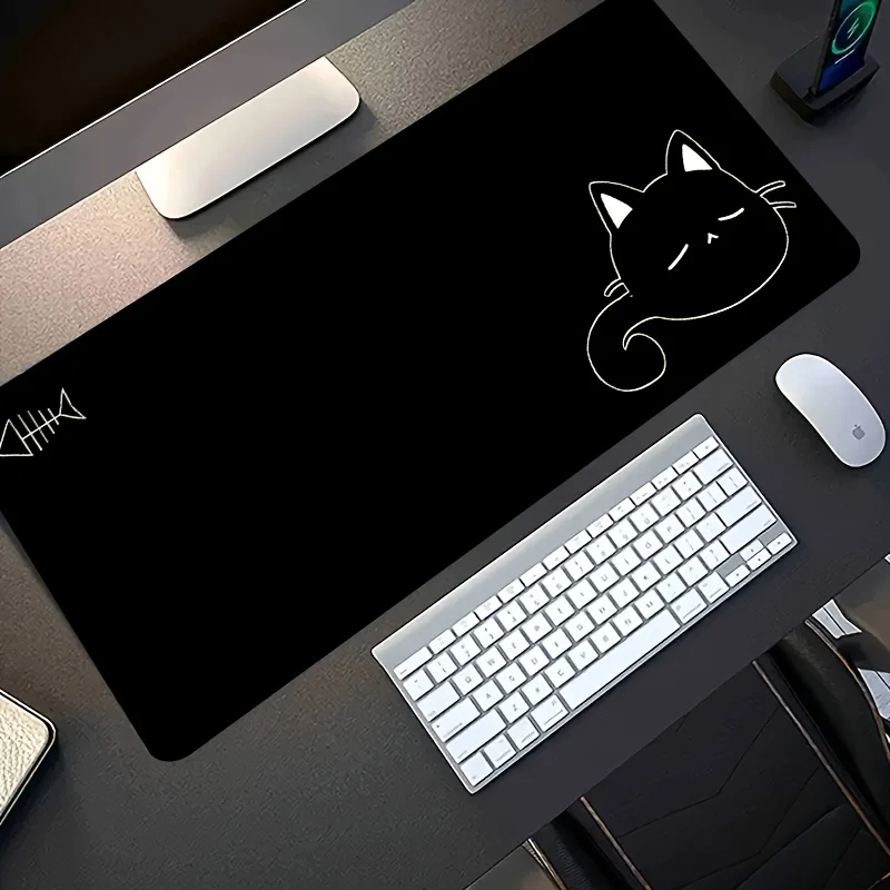 

Black cat fishbone pattern game mouse pad, anti-slip and washable rubber office desk accessory, computer decoration