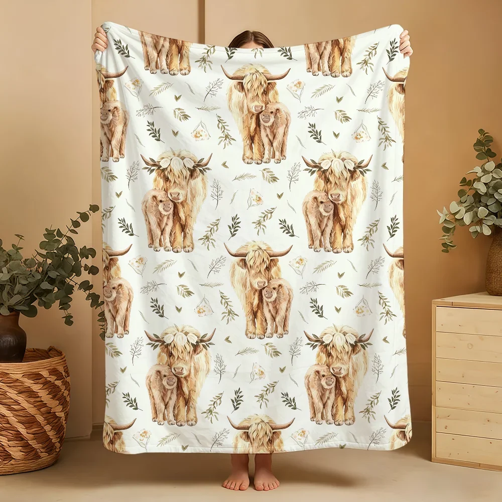 Cute Highland Cow Print Throw Blanket Cozy Farm Animal Nursery Decor Gift for Baby Shower 150x230cm