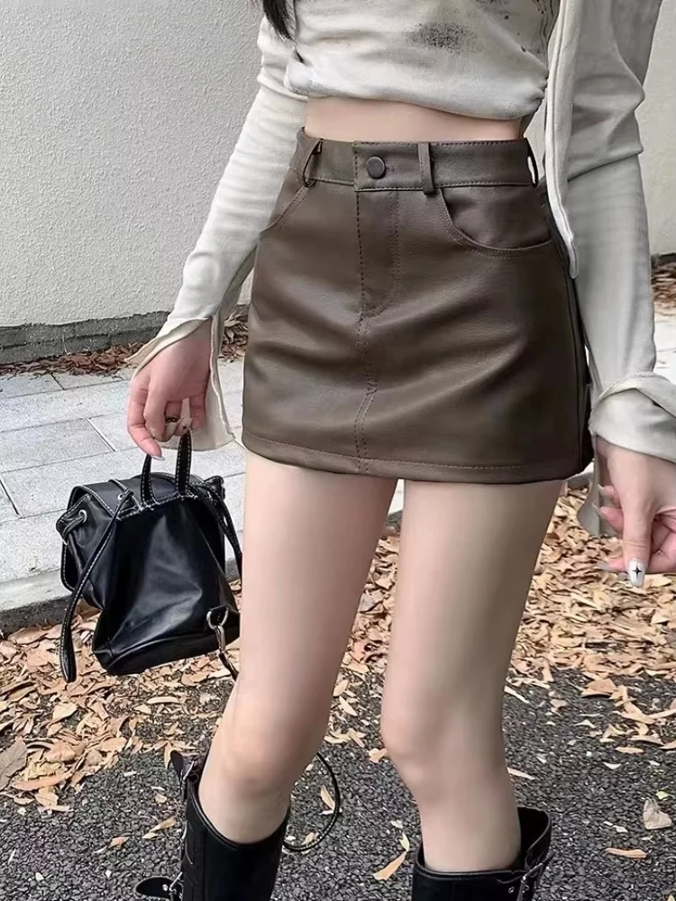 Y2k Spicy Girl Style Skirts Pu Leather High Waist Pockets Solid Color Female Slim Skirt Fashion Vintage All Match Women Clothing