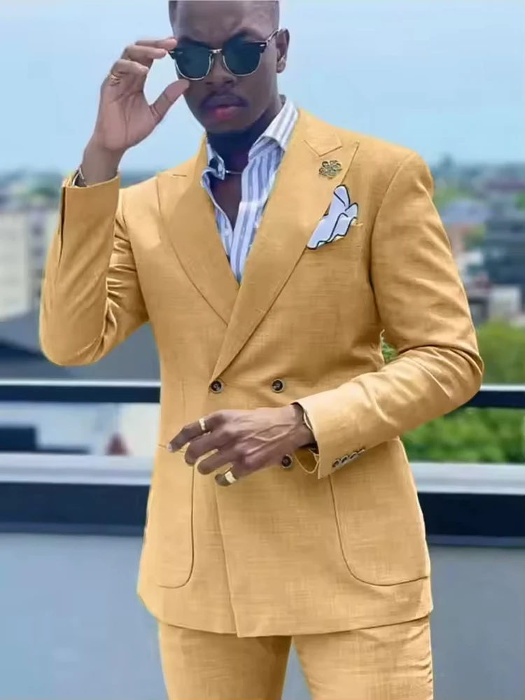 

Casual Suits for Men Linen Outfit Set Slim Fit Double Breasted Peaked Lapel Man Highend Luxury Customized 2 Piece (Jacket+Pants)