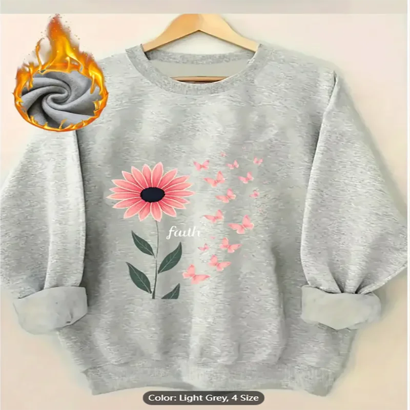 เสื้อสเวตเตอร์สีดำสตรี Faith Flower Butterfly Graphic Print Fleece Lined Casual Oversized Pullover Top Comfortable Pure Cotton