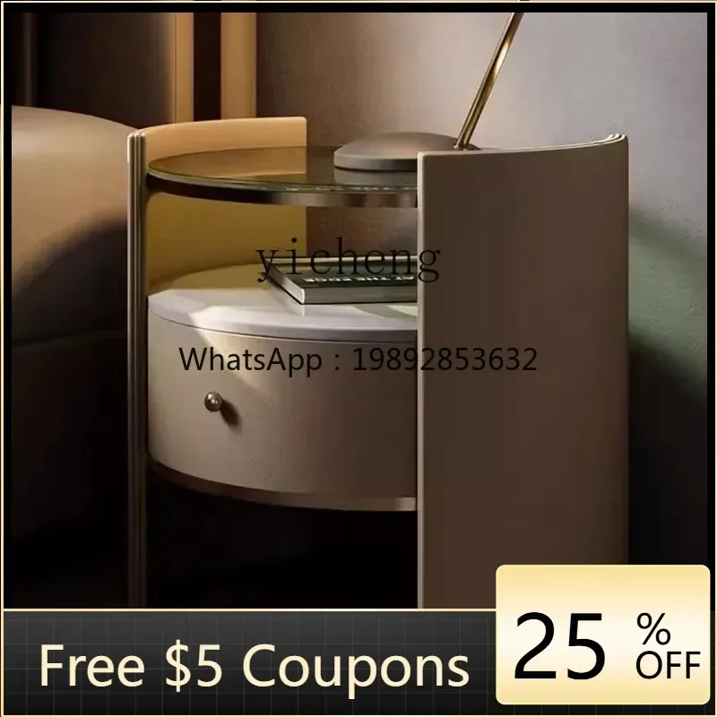 

GX Light Luxury Bedside Table round Glass High-End Natural Marble Minimalist Bedside Cabinet Bedroom