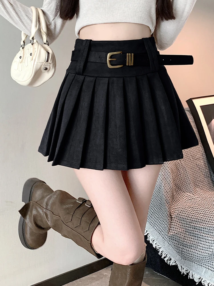 Spódnica mini z imitacji zamszu, z paskiem, plisowana, damska, z wysokim stanem, w stylu vintage, seksowna, jesienno-zimowa, w stylu preppy, koreańska spódnica w kształcie litery A.