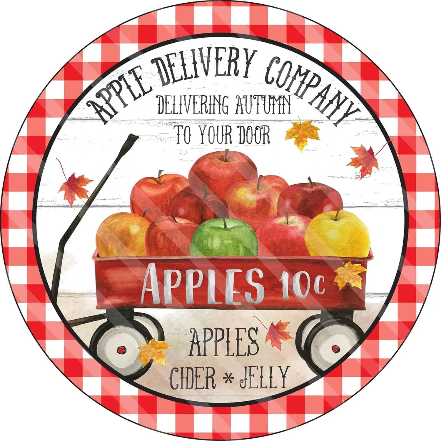 Tin Sign Fall Sign Wall Art,Apples Red Wagon Delivery, Round Graphic Metal Sign 8x8 Inch