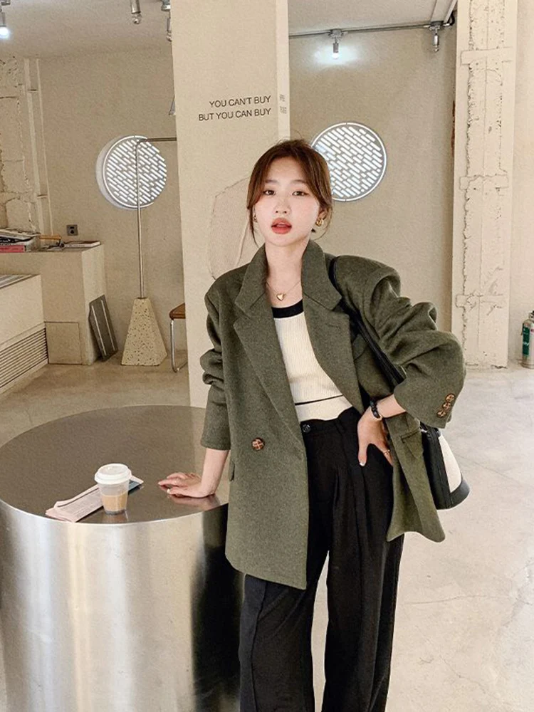 Zoki Streetwear Retro Women Faux Woolen Blazer Coat Harajuku Simple Solid Jacket Casual Korean Long Sleeve All Match Outwear