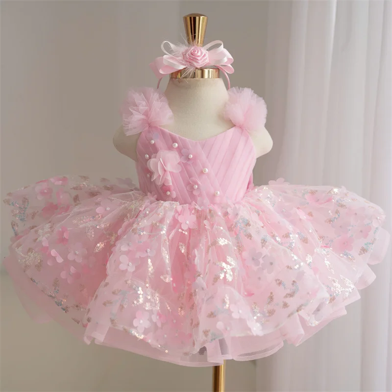 Sparkle Baby Kids Princess Sequined Lace Bow Flower Girl Dresses First Communion Dresses Birthday Gift Wedding Party