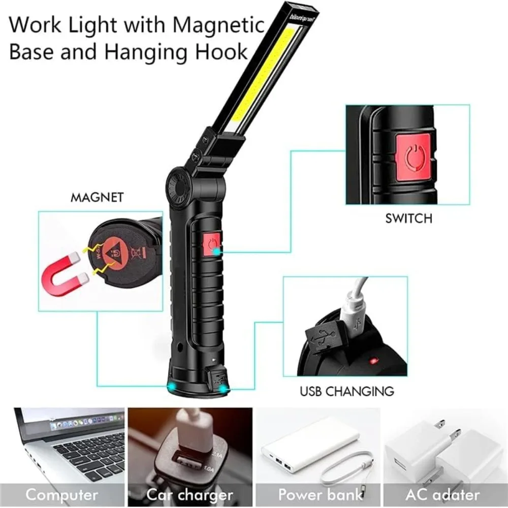 

Rechargeable Bright LED Flashlight Mechanic Light Versatile Lighting Portable Mechanic Work Flashlight LED COB Work Light