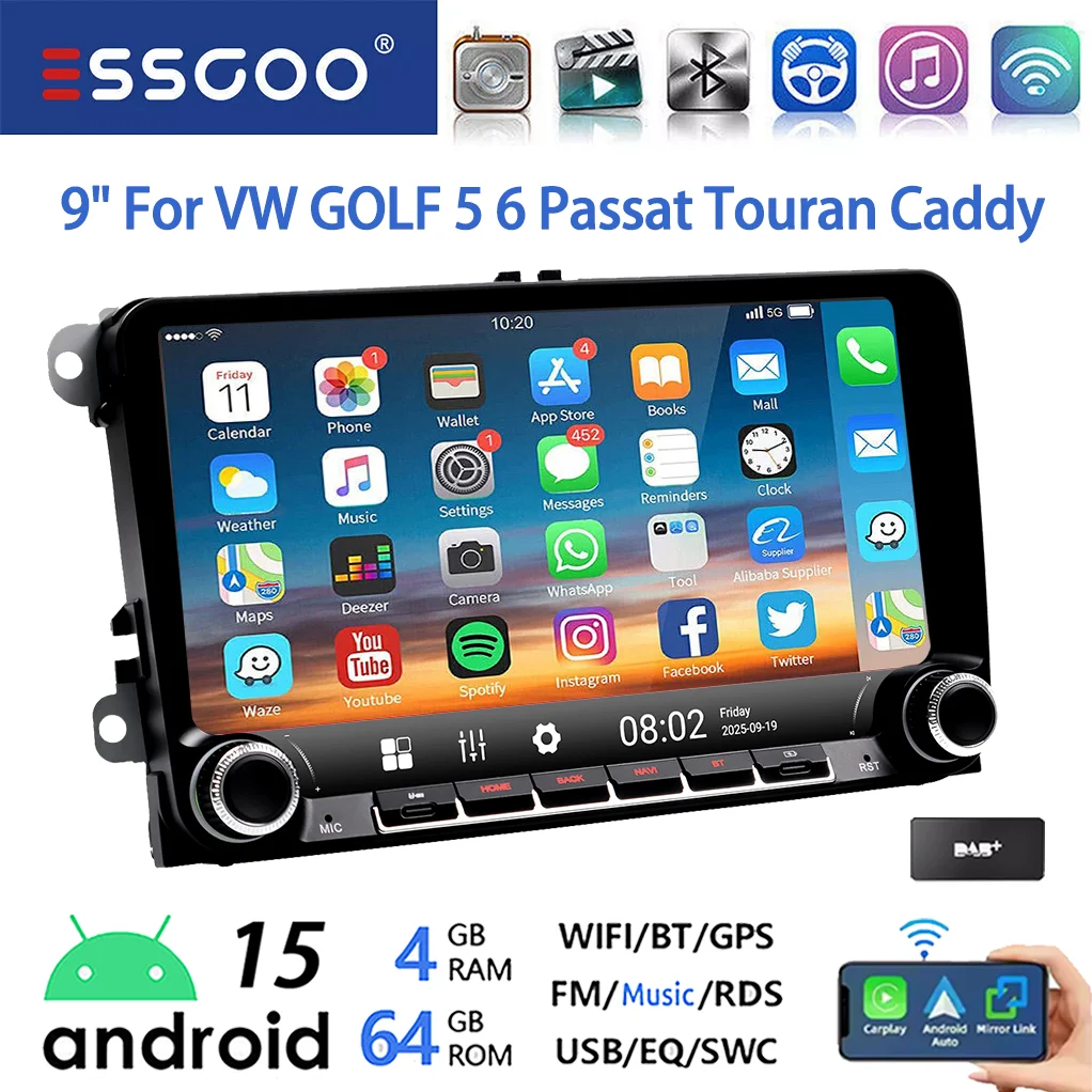 ESSGOO Android 15 9 inch 64GB voor VW GOLF 5 6 Plus Touran Caddy Draadloze Carplay Autostereo Radio GPS NAVI WIFI SWC RDS BT USB Type-C