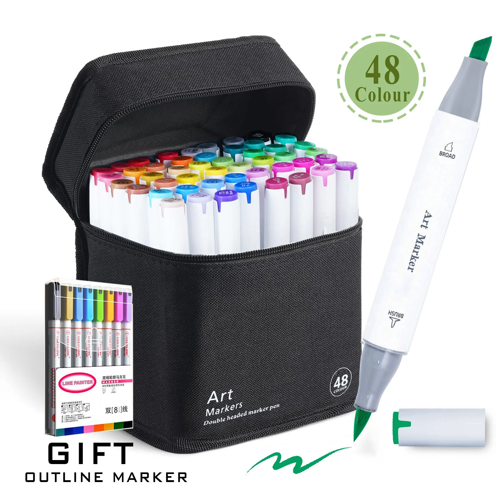 48/60/80/120 kleuren Dual Tip Brush & Beitel Permanente Art Marker Pennen met Basis & Omtrek Markers Tekenbenodigdheden Kit-Hervulbaar