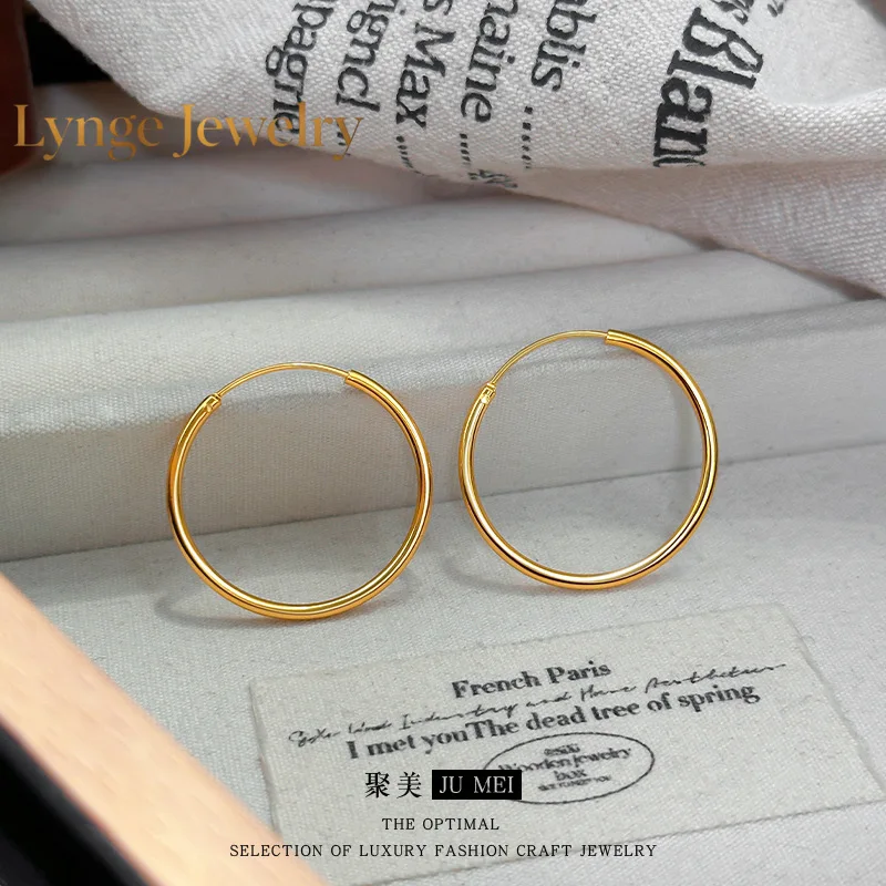 

Lynge Jewelry Simple 24K real gold earrings glossy circle exaggerated jewelry 9999 personality cold wind earrings earrings