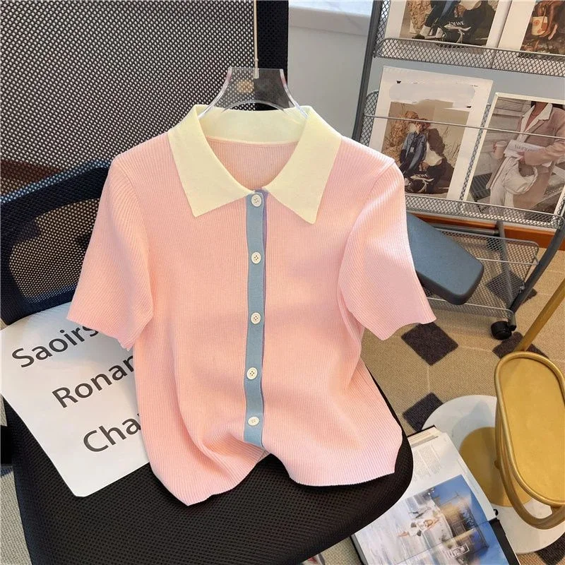 

New All Match Temperament Turn Down Collar French Style Design Short Sleeved Women's Summer Contrasting Collar Chic T-shirt
