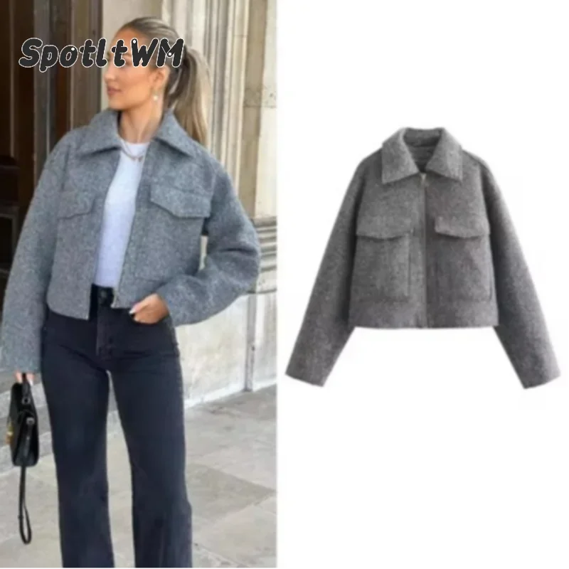 Giacca da aviatore da donna con tasche giacca Bomber corta con risvolto con cerniera frontale 2024 autunno inverno tuta sportiva Demi-season