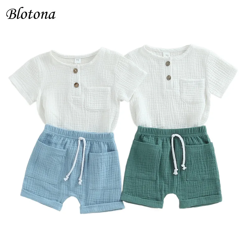 Blotona 2Pcs Baby Boy Summer Outfits, Short Sleeve Button Down Pocket T-shirt Tops + Shorts Set Toddler Casual Clothes 0-3Years