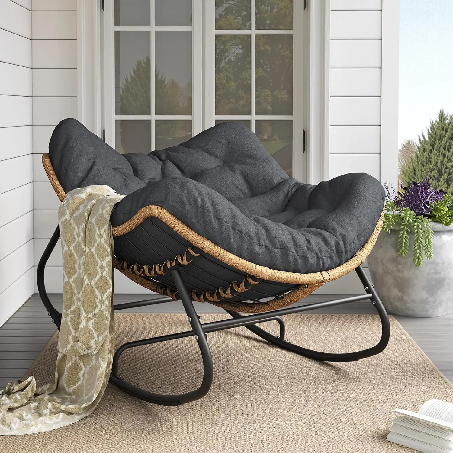 Outdoor Rocking Papasan Chair, Oversized Lounge Rocker - Dark Grey, Customized