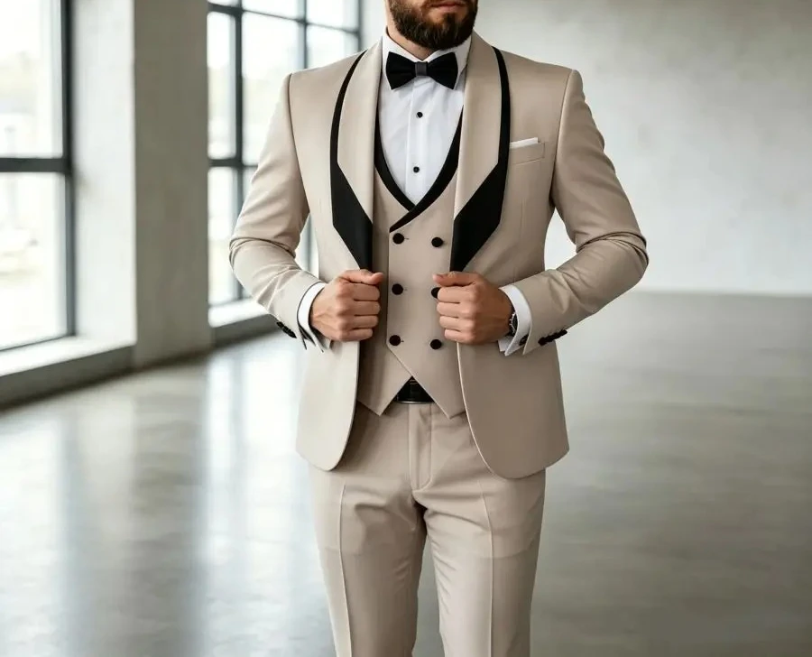 3 Pieces Men's Slim Fit Wedding Tuxedo Beige Groom Prom Dinner Blazer Vest Pants Set Classic Business Formal Suit for Men