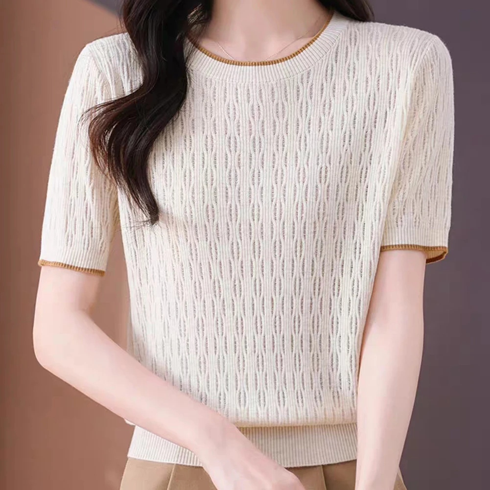 Women's Polyester Openwork Knit Top in Solid Color for Summer Holiday Beach Yoga Cycling Comfortable Regular Fit Top