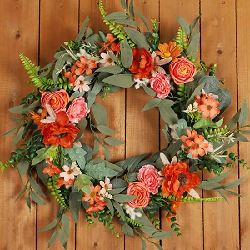 Thanksgiving Wreaths For Front Door 20-Inch Door Wreath Adorned With Pink Orange Flowers Halloween Decor Fall Home Accents