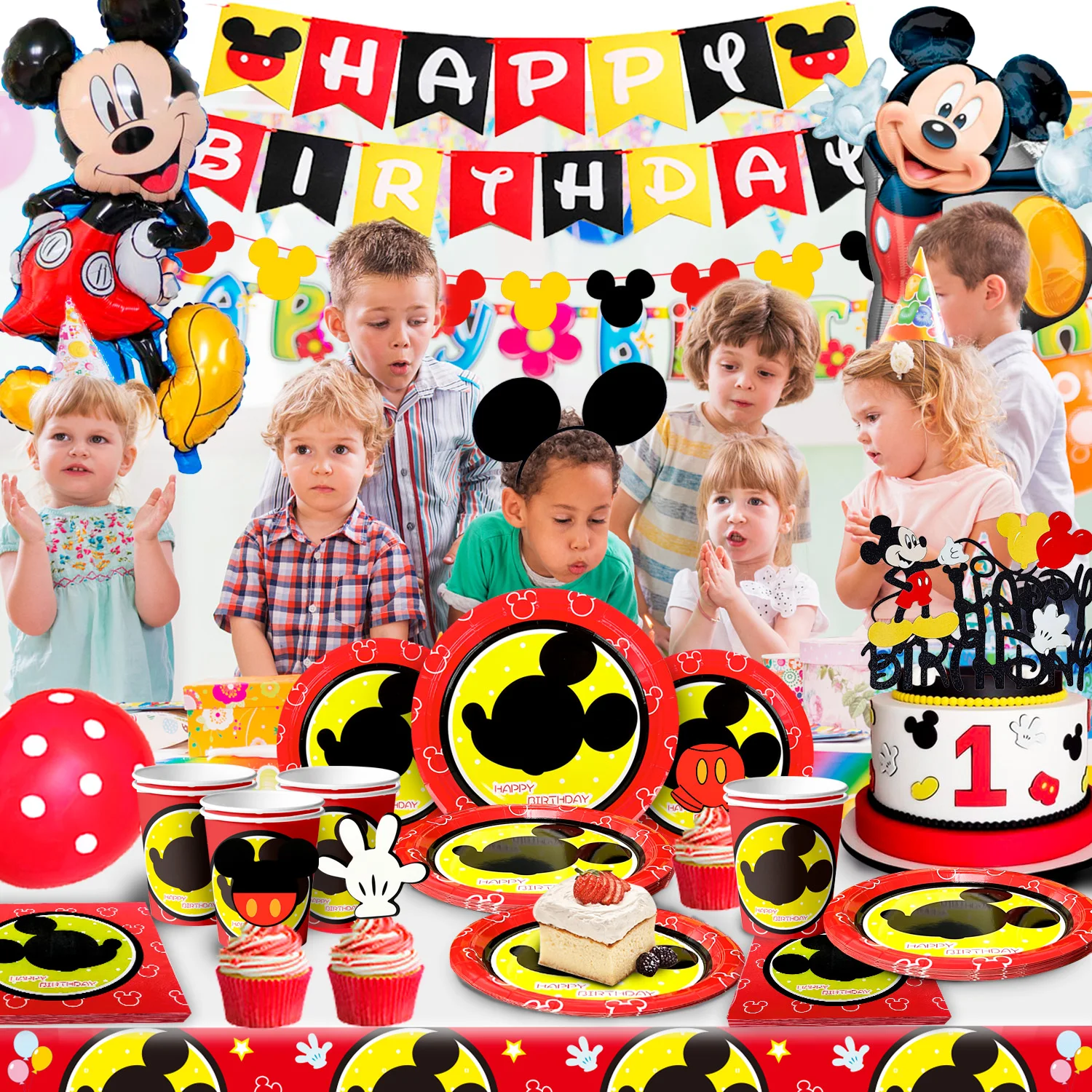 لوازم حفلات أعياد الميلاد ميكي ماوس-128 قطعة زينة وأدوات مائدة ميكي ماوس - أطباق ميكي، بالونات لافتة... #3