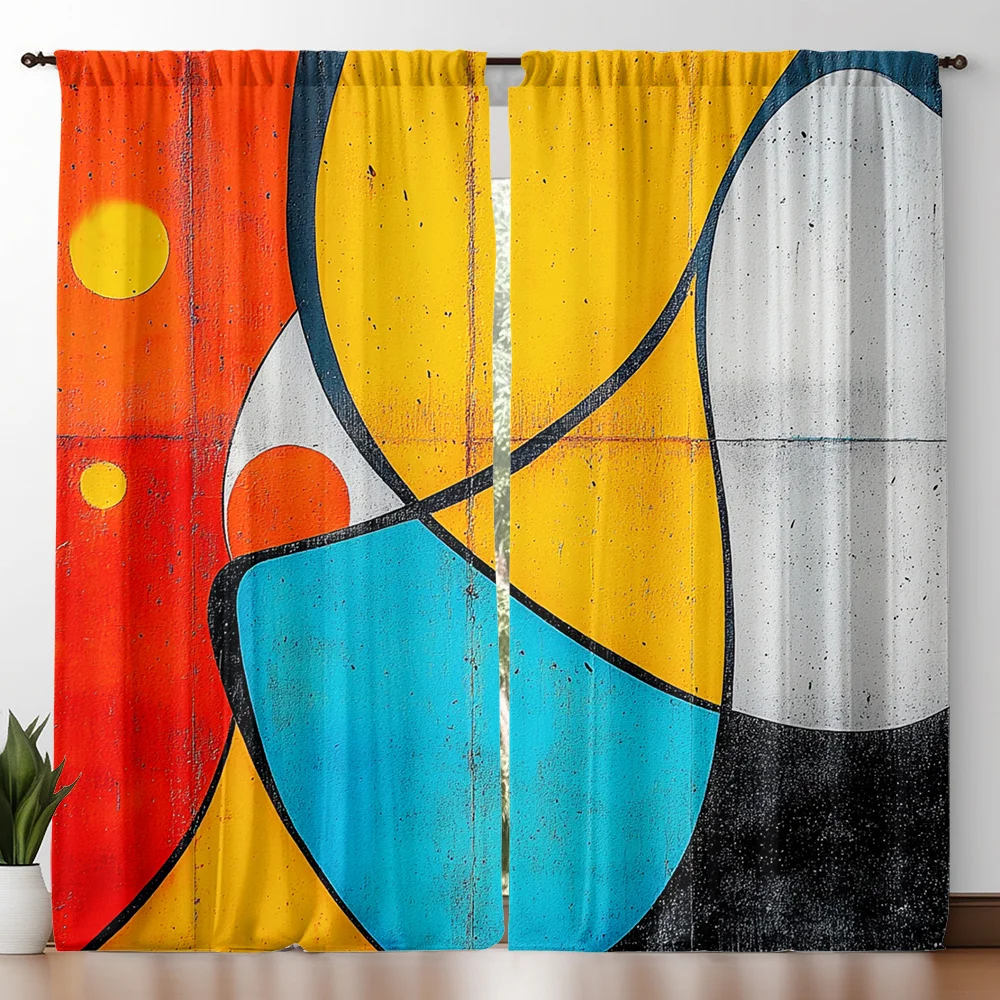 2pcs Abstract Geometric Graffiti Curtains Orange Yellow Blue Gray Black Rod Pocket Polyester Light Filtering Modern Decor
