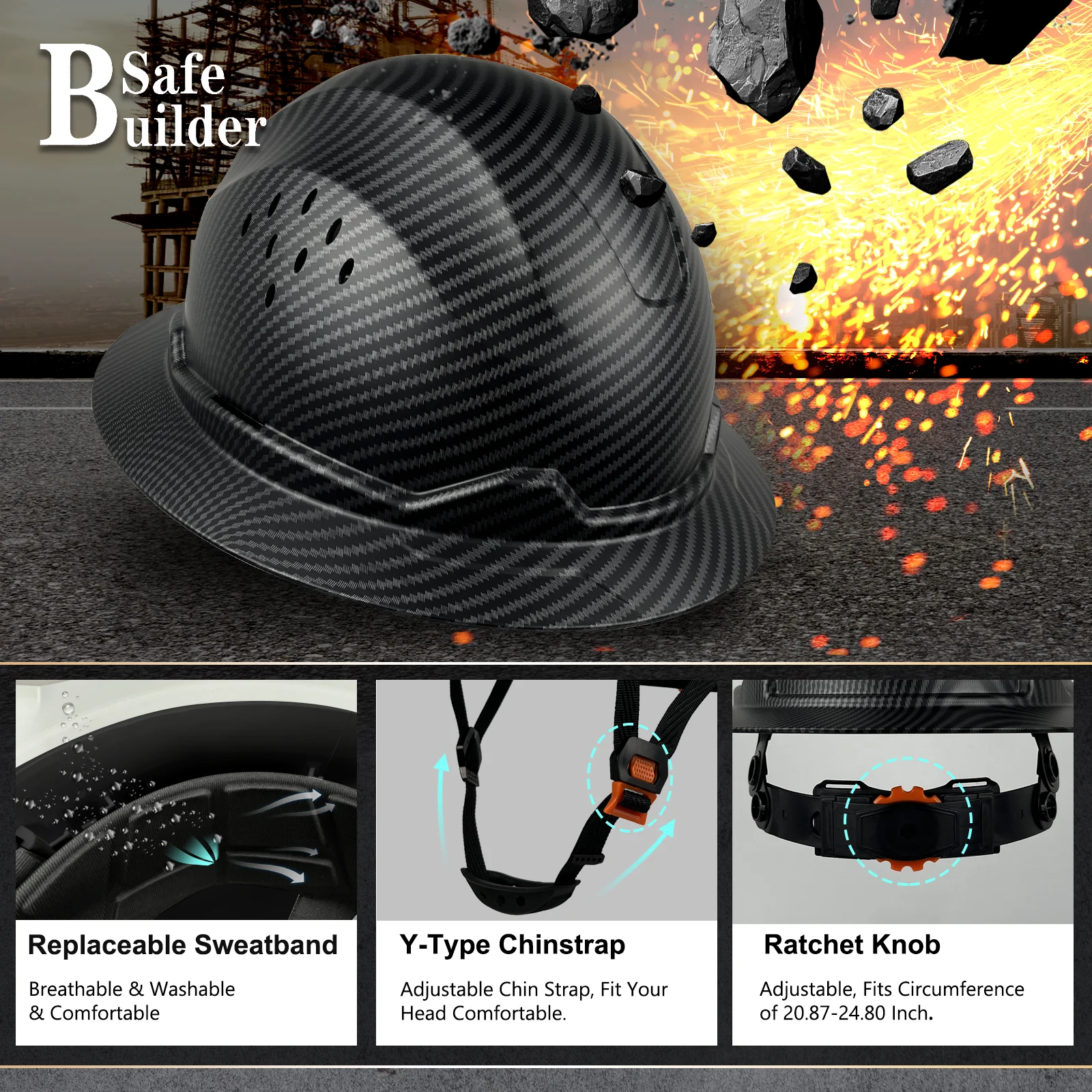 Full Brim Hard Hat For Engineer Carbon Fiber Pattern Safety Helmet Sunshade ANSI Head Protection Industrial & Construction