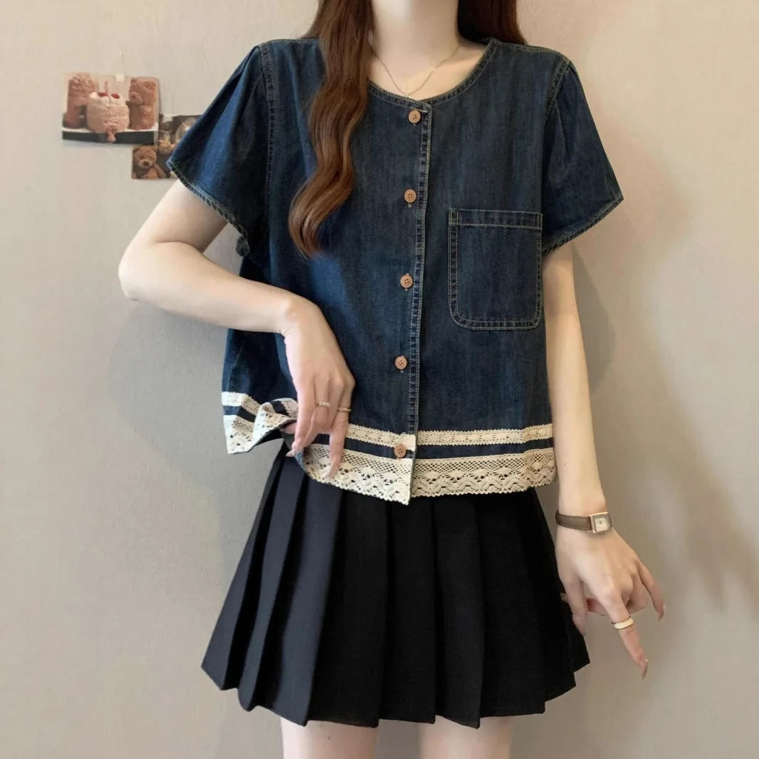 

Short Sleeve Shirts Womens Patchwork Pintuck Loose Tunic Home Comfort Minimalist Urban Artistic Student Youthful Girlish Casual