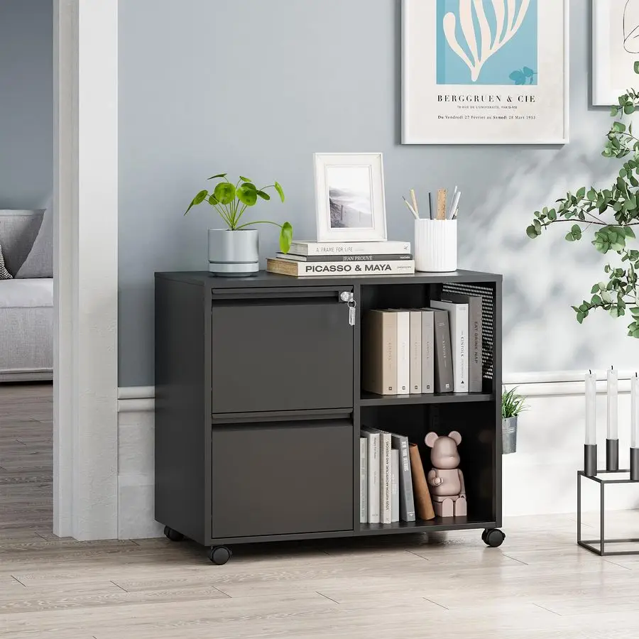 2 Drawer File Cabinet on Wheels, Metal Filing Cabinets with Shelf, Home Office Mobile File Cabinet with Lock, Printer Stand Stor