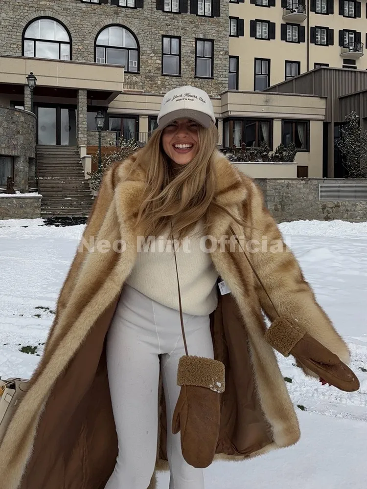 Neo Mint Runway Show Yellow Striped Long Faux Fur Coat Women 2025 Winter Fluffy Fox Fur Overcoat Girls Brand Outerwear Jacket