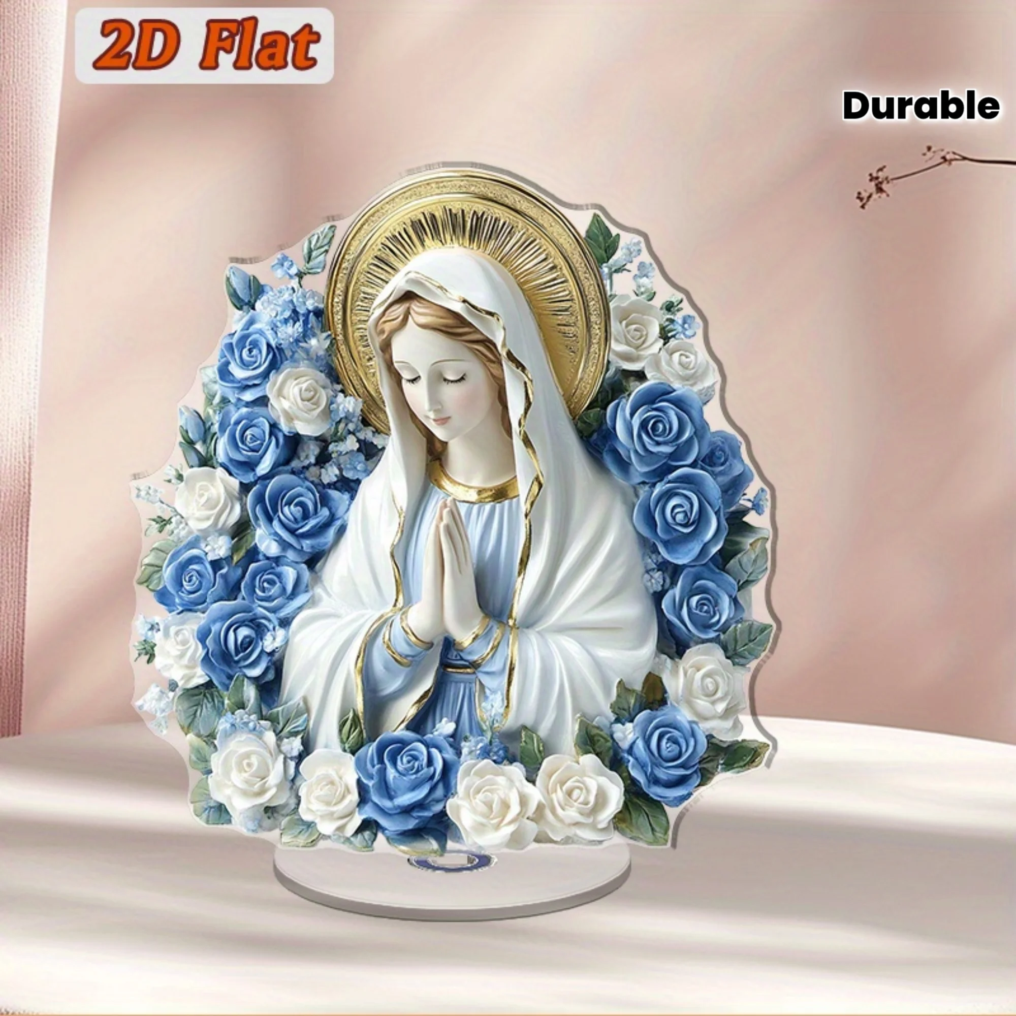 2D Flat, Virgin Mary Prayer Statue with 360° Rotating Base - Elegant Blue & Golden Floral Acrylic Religious Statue Suitable for
