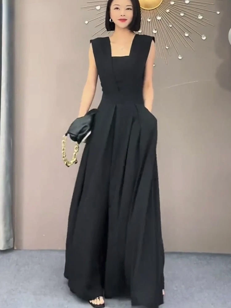 

2024 New Long Jumpsuits Women Black Trendy Loose Retro Summer Feminine Office-look Sleeveless Simple Elegant Solid Evening Dress