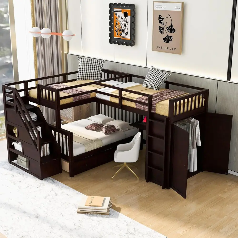 

L-Shape Triple Bunk Bed with Stairs, Desk, Wardrobe, Storage, and Shelves for Kids and Teens