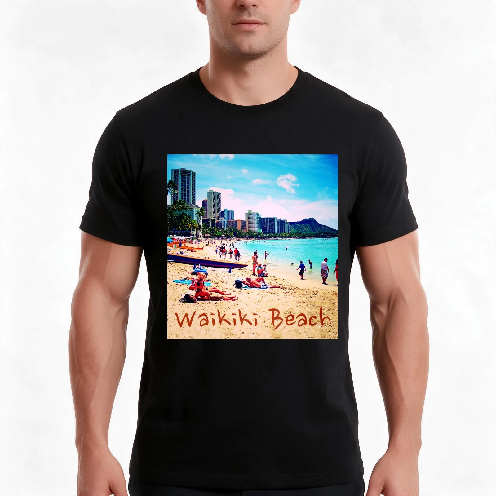 Waikiki Beach T-Shirt, Summer Casual Cotton Tee, Oversized Streetwear Tops, Vintage Graphic Print, Loose Fit Short Sleeve