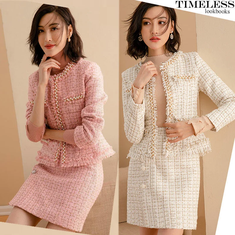 Autumn Winter Women Plaid Short Set Pink White Slim Tweed Jacket + Half Skirt Female Two-Piece Suits with Pearls