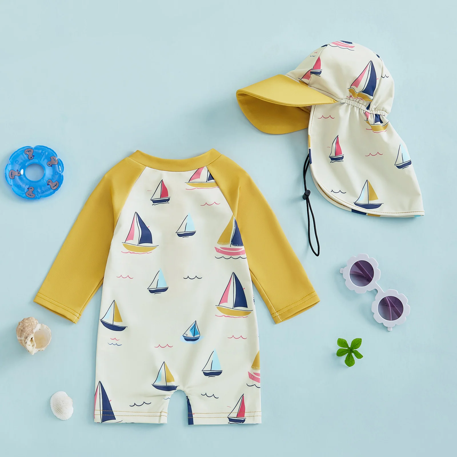 Toddler Boy Rash Guard Swimwear with Hat 2Pcs Set Sailboat Print Zip Up Long Sleeve Crew Neck Swimsuit Romper for Beach Pool 6