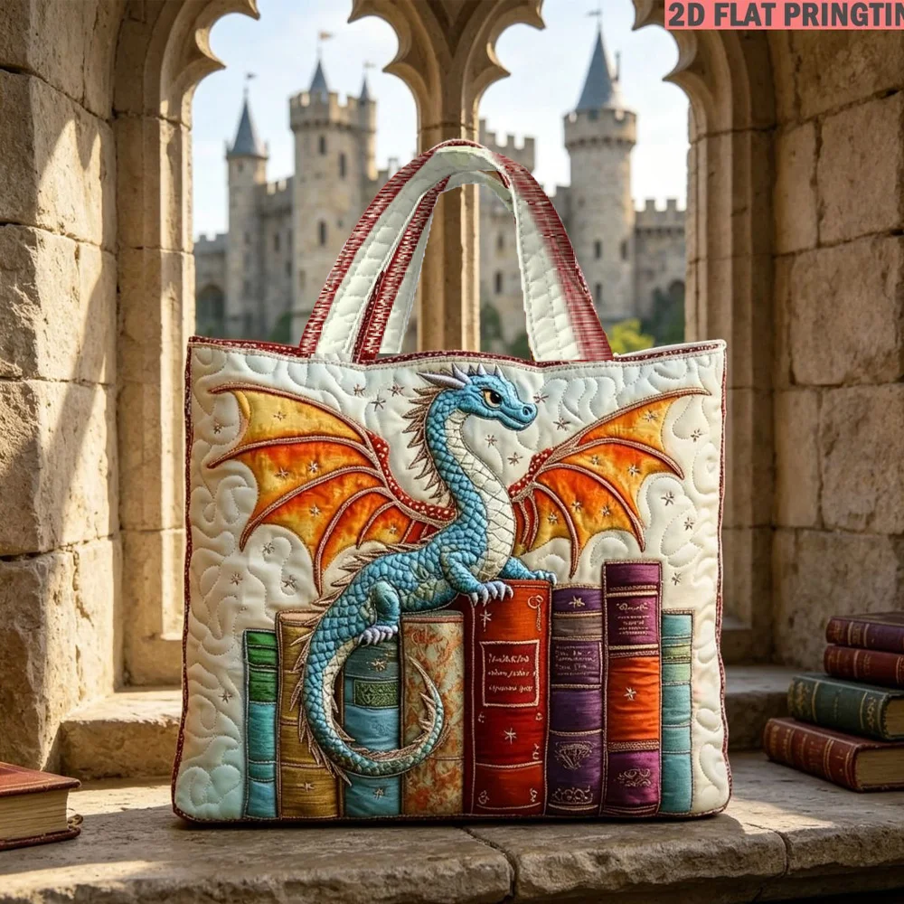 1pc Women's Quilted Tote Bag, 2D Flat Print Dragon On Books Pattern Print Multi-Functional Large Capacity Quilted Bag Birthday