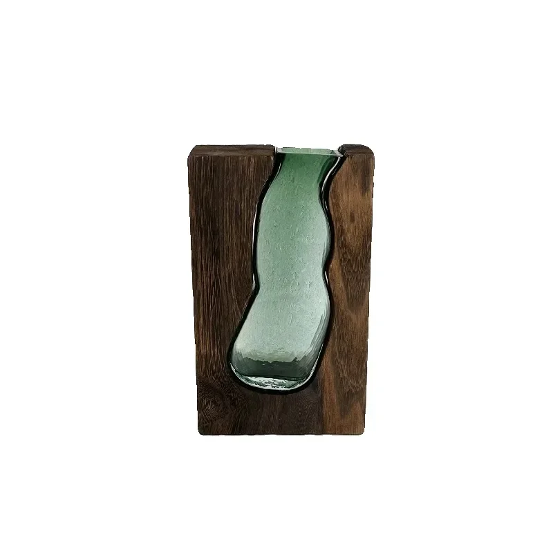 

Green Glass Vase with Solid Wood Base, Wabi-Sabi Floral Display Jar, New Chinese Entryway Decoration, Rustic Flower Bottle