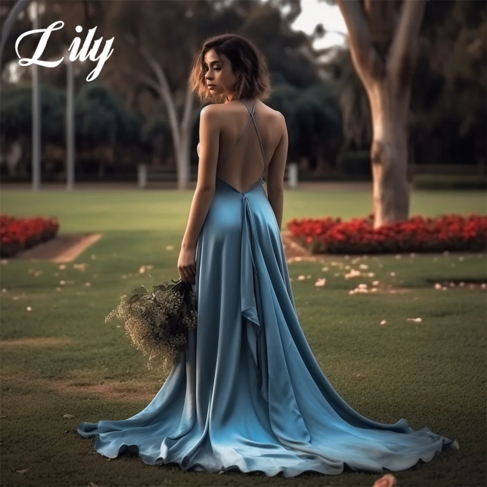 Lily Elegant Blue Sexy Wedding Party Dress A-Line Spaghetti Strap Celebrity Dress Backless Stain Special Occasion Dresses 프롬드레스