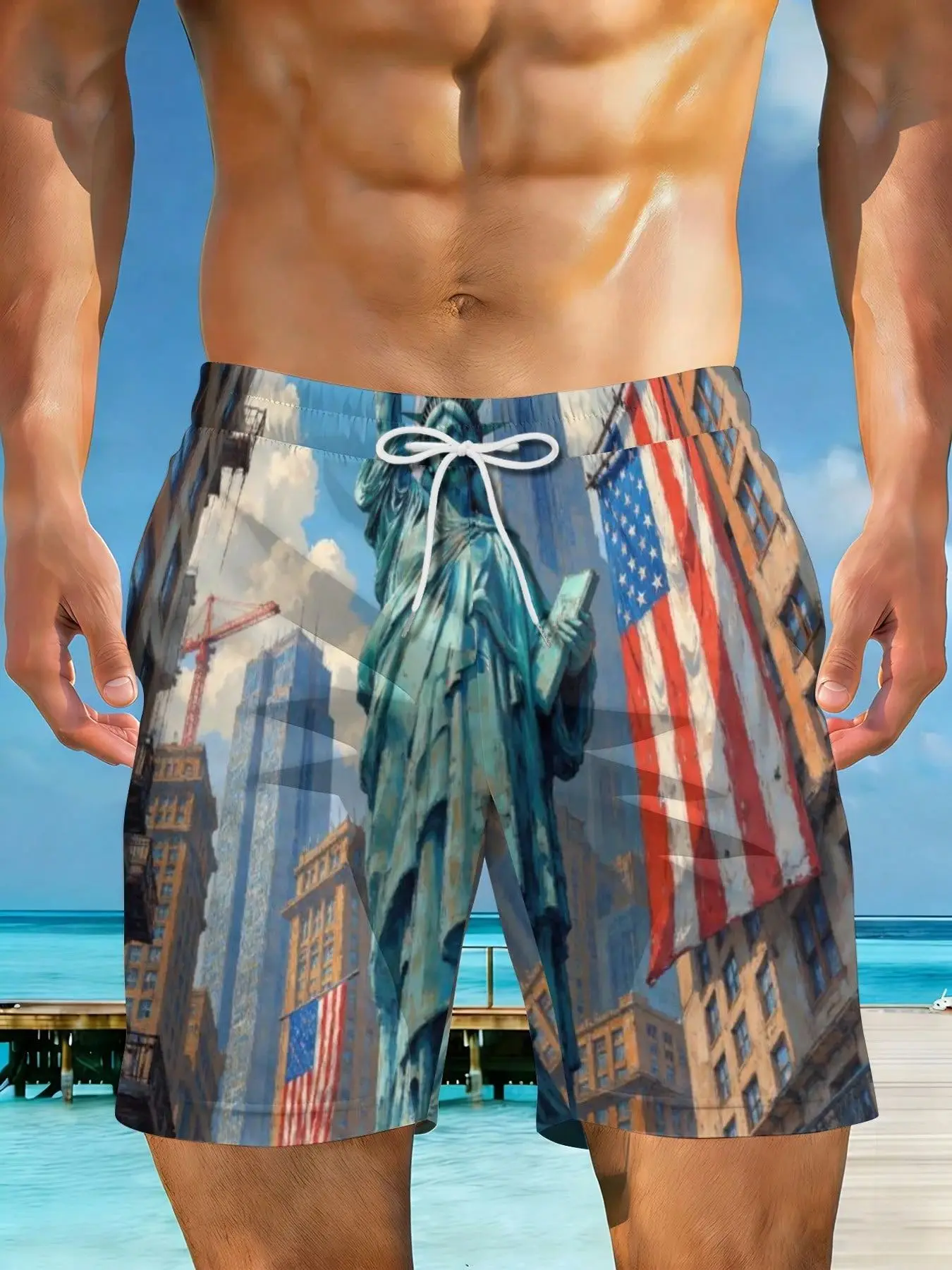 

Plus Size Summer New Styles Statue Of Liberty Cityscape Flag Men's Fashion Casual Beach Shorts Suitable For Summer Outings And Beach Vacations