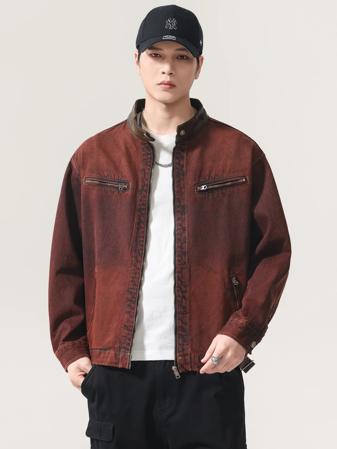 

Spring High-End Zipper Collared Vintage Denim Jaet Men's Faion Waed Red No Stretch Motorcycle Jaet Long Sve