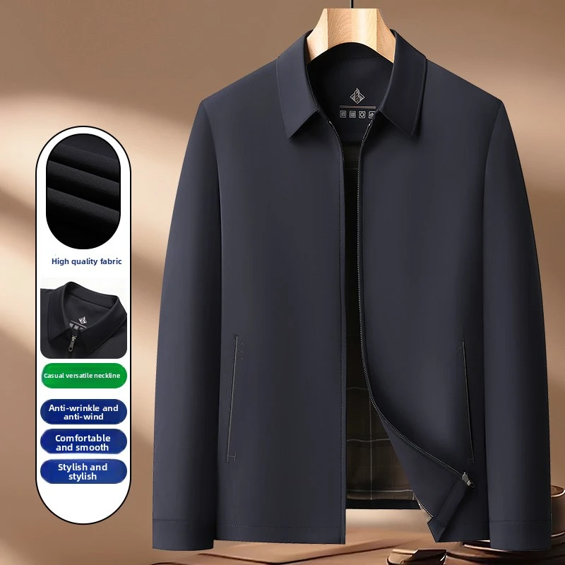 Men's Turn Down Collar Zip Up Business Jacket, Wrinkle Resistant Windproof Polyester Lined Spring Daily Casual Formal Outer Coat