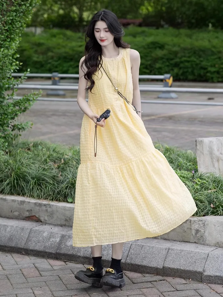 Women Sleeveless Round Neck Grid Check Maxi Dress Button Front Tiered Ruffle Hem Flowy A Line Yellow Plaid Casual Sundress