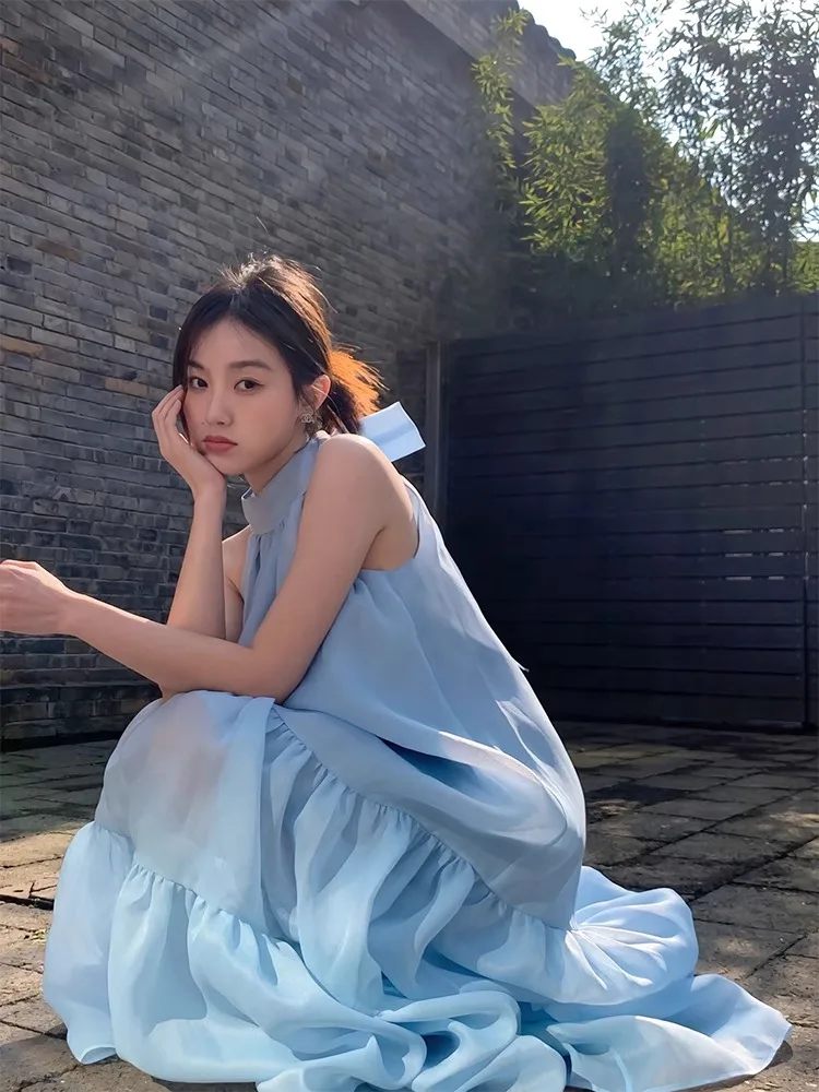 

Новое летнее женское платье с синим бантом, длинное, в корейском стиле, А-силуэт, модное, сказочное, с эффектом «феи»