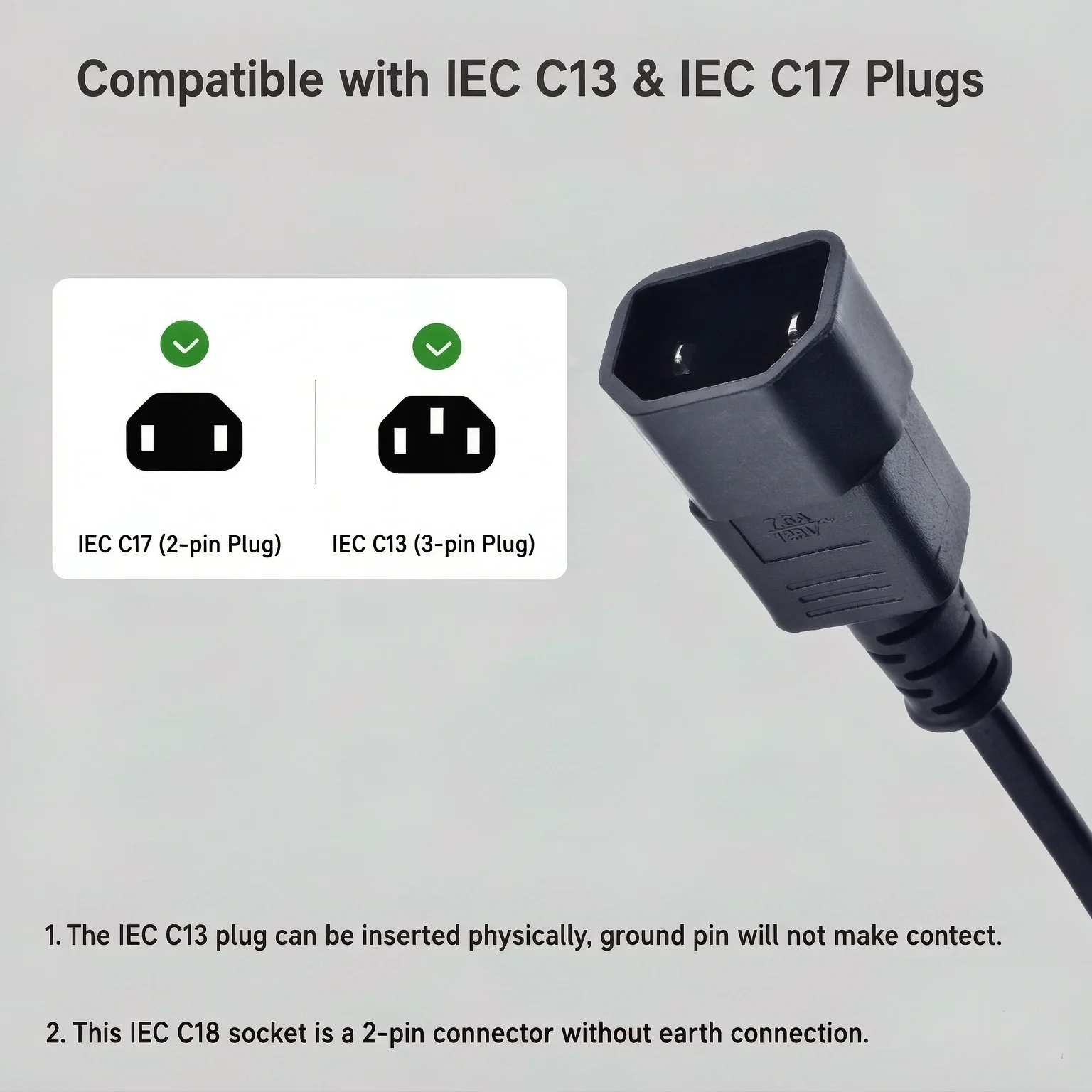 IEC320 C18 2-Pin No Ground Male to NEMA 1-15R US Polarized 2-Hole Female Socket Power Adapter Cord