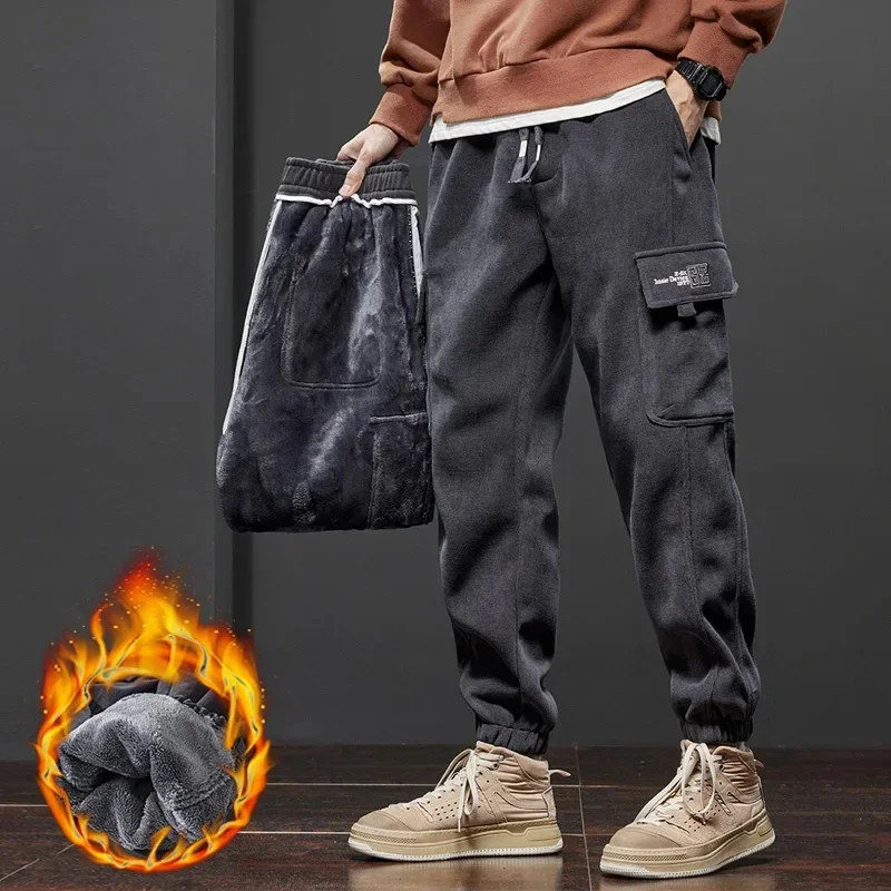 

Winter Men's Fleece Jogging Pants Warm Thick Corduroy Cargo Trousers Fashion Korean Casual Harem Sweatpants Streetwear Black