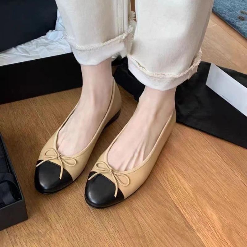 

y2k Sheepskin soft flat sole women's shallow mouth round toe French bow versatile color blocked ballet women's shoes